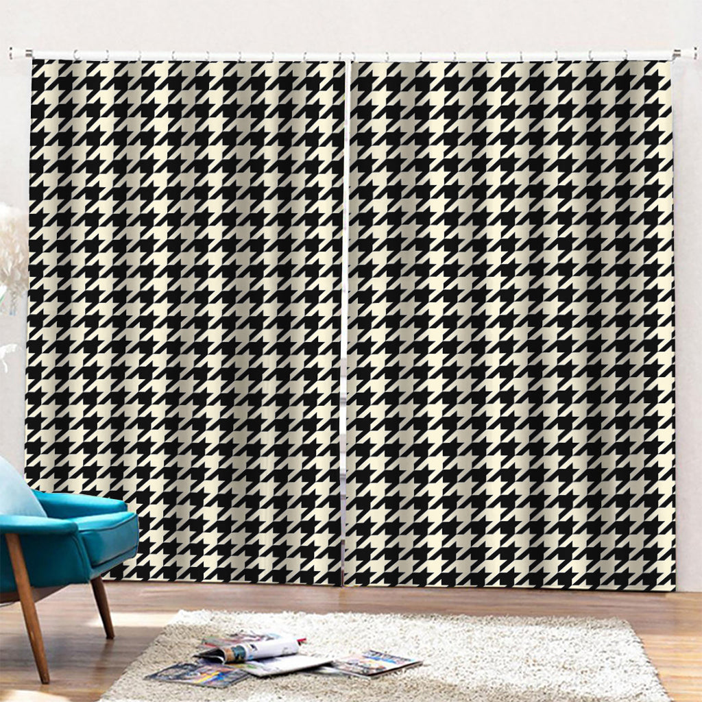 Tan And Black Houndstooth Pattern Print Pencil Pleat Curtains