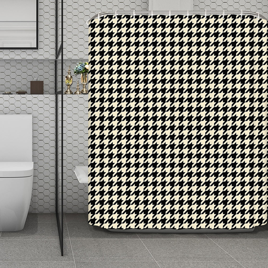 Tan And Black Houndstooth Pattern Print Polyester Shower Curtain