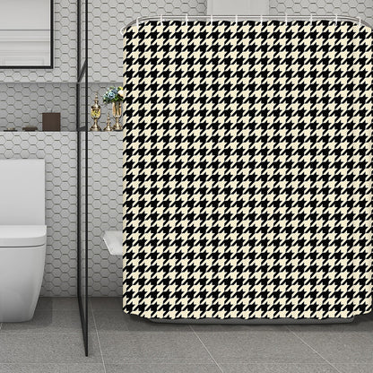 Tan And Black Houndstooth Pattern Print Polyester Shower Curtain