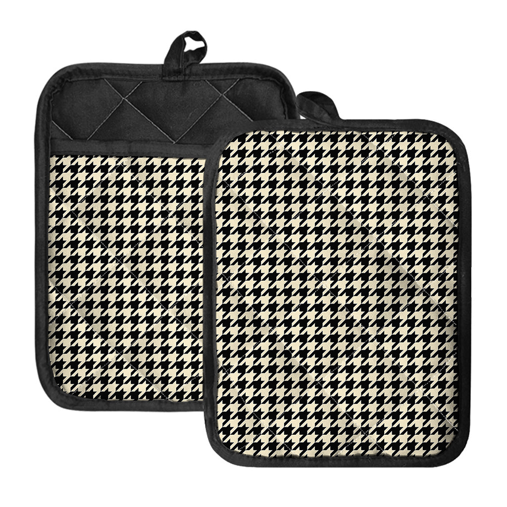 Tan And Black Houndstooth Pattern Print Pot Holders With Pocket