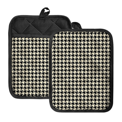 Tan And Black Houndstooth Pattern Print Pot Holders With Pocket