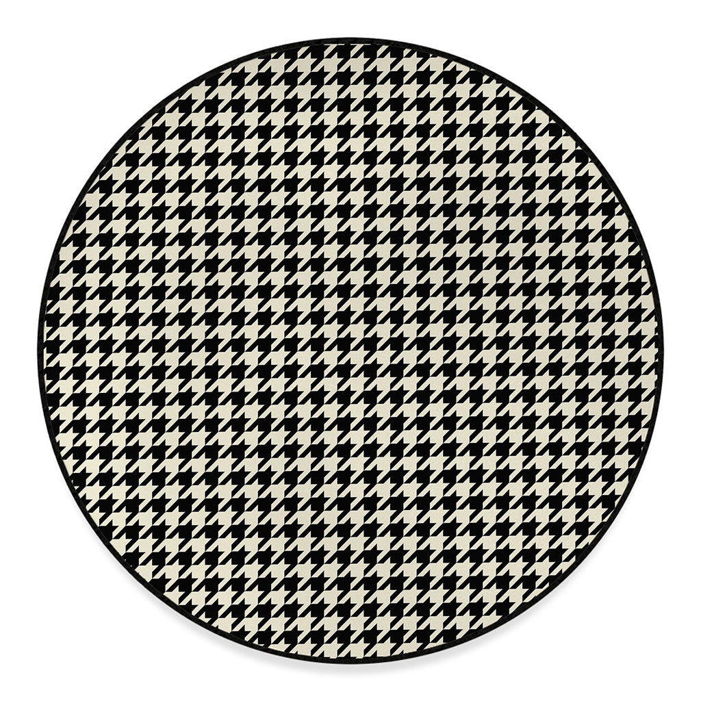 Tan And Black Houndstooth Pattern Print Round Floor Mat