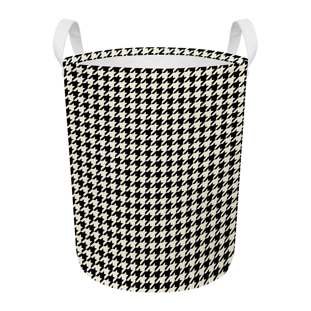 Tan And Black Houndstooth Pattern Print Round Laundry Basket