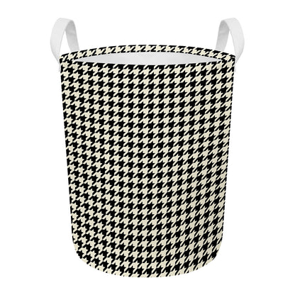 Tan And Black Houndstooth Pattern Print Round Laundry Basket