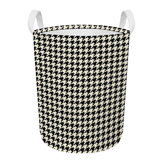Tan And Black Houndstooth Pattern Print Round Laundry Basket