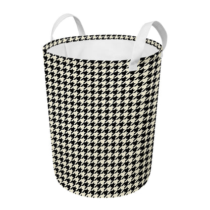 Tan And Black Houndstooth Pattern Print Round Laundry Basket