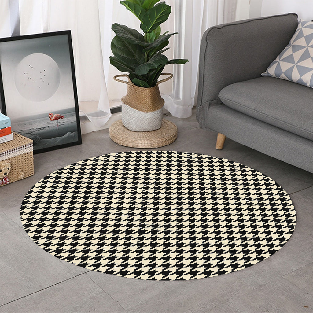 Tan And Black Houndstooth Pattern Print Round Rug