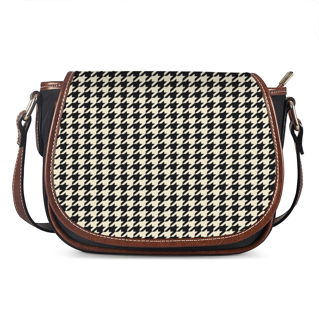 Tan And Black Houndstooth Pattern Print Saddle Bag
