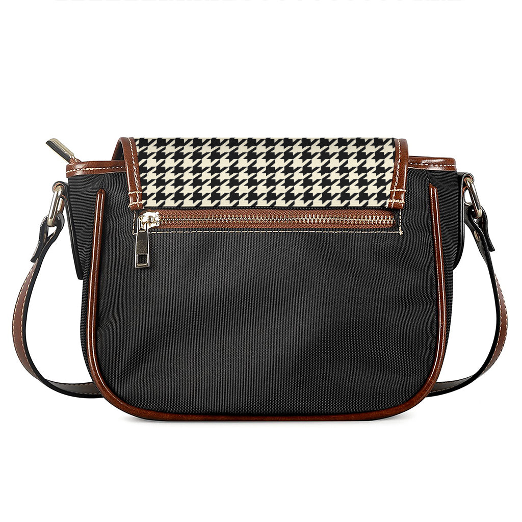 Tan And Black Houndstooth Pattern Print Saddle Bag
