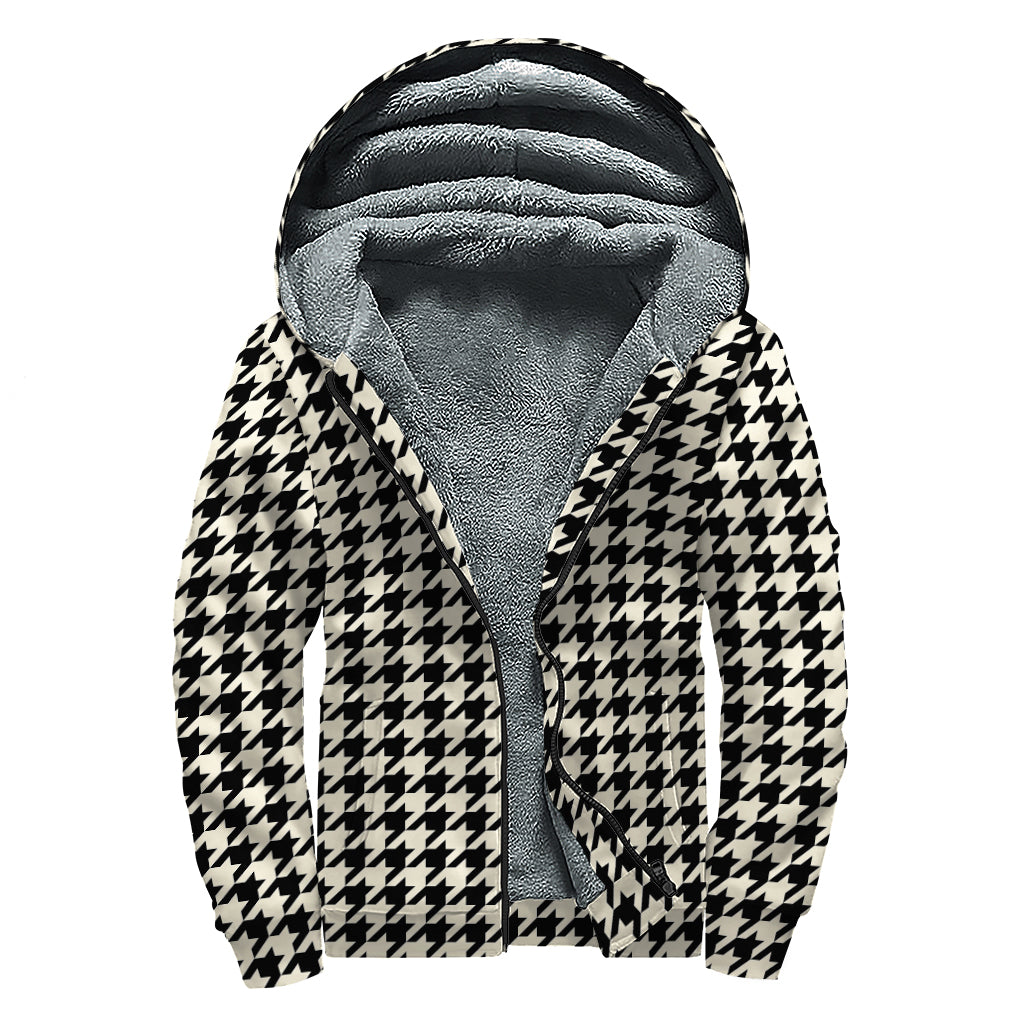Tan And Black Houndstooth Pattern Print Sherpa Lined Zip Up Hoodie