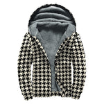 Tan And Black Houndstooth Pattern Print Sherpa Lined Zip Up Hoodie
