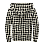 Tan And Black Houndstooth Pattern Print Sherpa Lined Zip Up Hoodie
