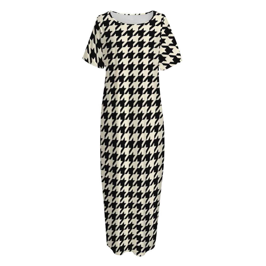 Tan And Black Houndstooth Pattern Print Short Sleeve Long Nightdress