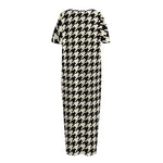 Tan And Black Houndstooth Pattern Print Short Sleeve Long Nightdress