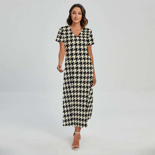 Tan And Black Houndstooth Pattern Print Short Sleeve Maxi Dress