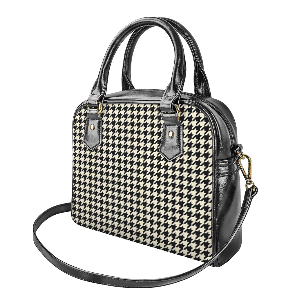 Tan And Black Houndstooth Pattern Print Shoulder Handbag