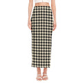 Tan And Black Houndstooth Pattern Print Side Slit Maxi Skirt
