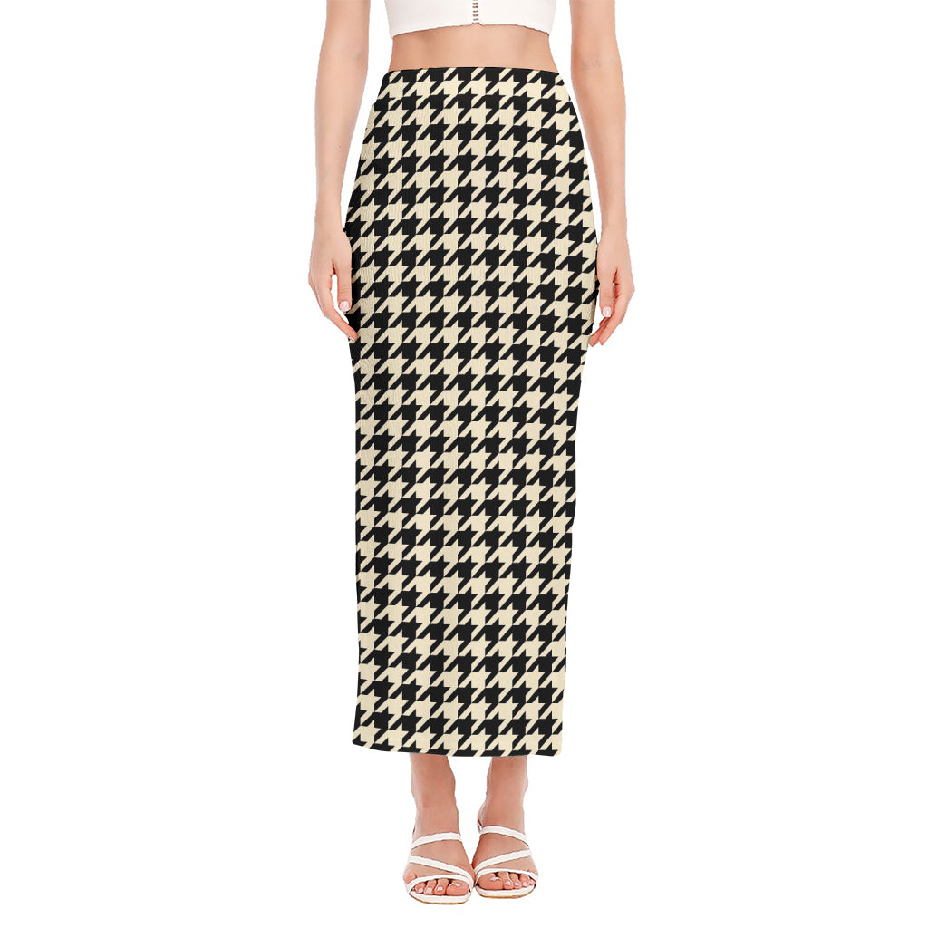 Tan And Black Houndstooth Pattern Print Side Slit Maxi Skirt