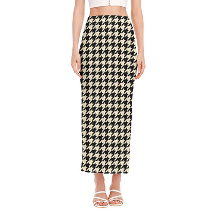 Tan And Black Houndstooth Pattern Print Side Slit Maxi Skirt