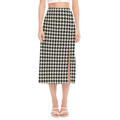 Tan And Black Houndstooth Pattern Print Side Slit Midi Skirt