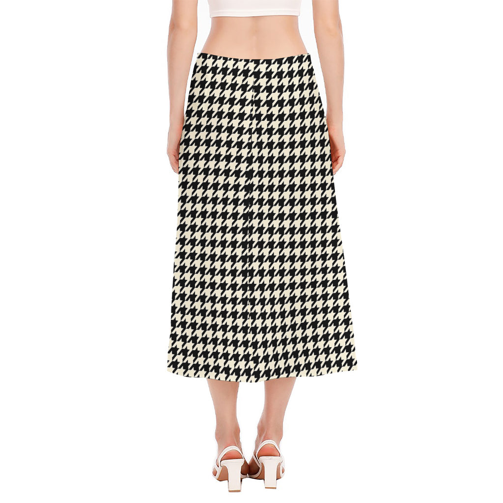 Tan And Black Houndstooth Pattern Print Side Slit Midi Skirt