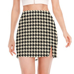 Tan And Black Houndstooth Pattern Print Side Slit Mini Skirt