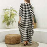 Tan And Black Houndstooth Pattern Print Silk V-Neck Kaftan Dress