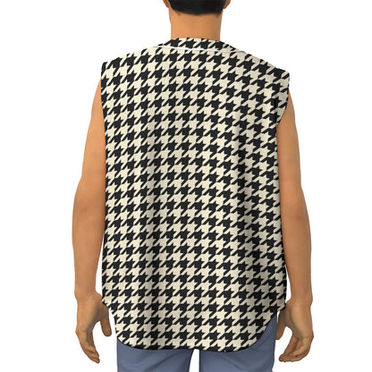 Tan And Black Houndstooth Pattern Print Sleeveless Baseball Jersey