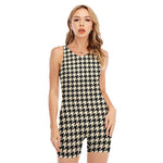 Tan And Black Houndstooth Pattern Print Sleeveless One Piece Swimsuit