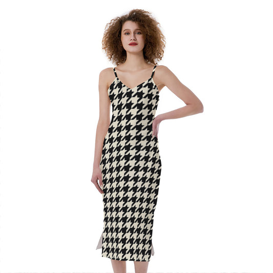 Tan And Black Houndstooth Pattern Print Slim Fit Midi Cami Dress