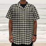 Tan And Black Houndstooth Pattern Print Textured Short Sleeve Shirt