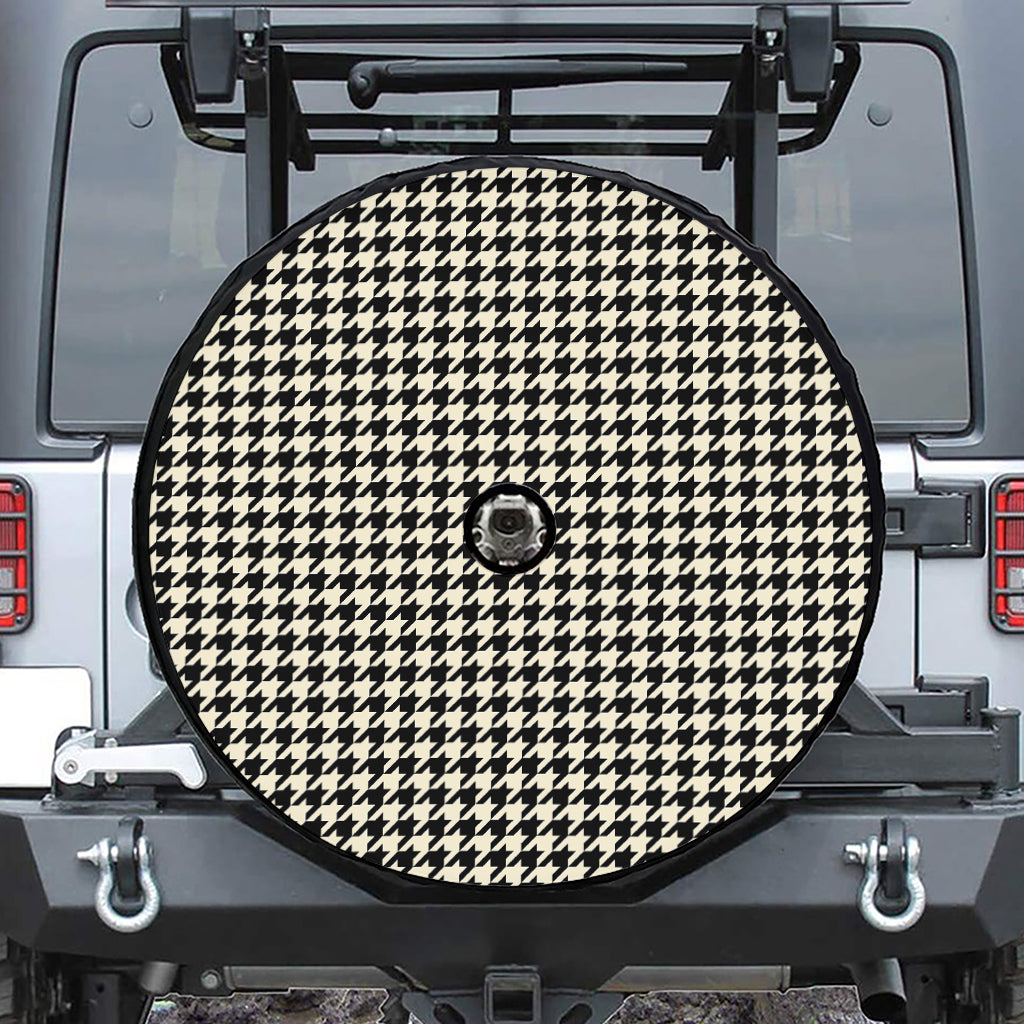 Tan And Black Houndstooth Pattern Print Tire Cover With Camera Hole