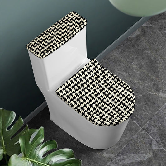 Tan And Black Houndstooth Pattern Print Toilet Lid And Tank Cover Set