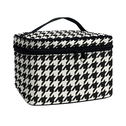 Tan And Black Houndstooth Pattern Print Travel Makeup Bag