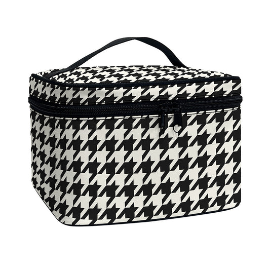 Tan And Black Houndstooth Pattern Print Travel Makeup Bag