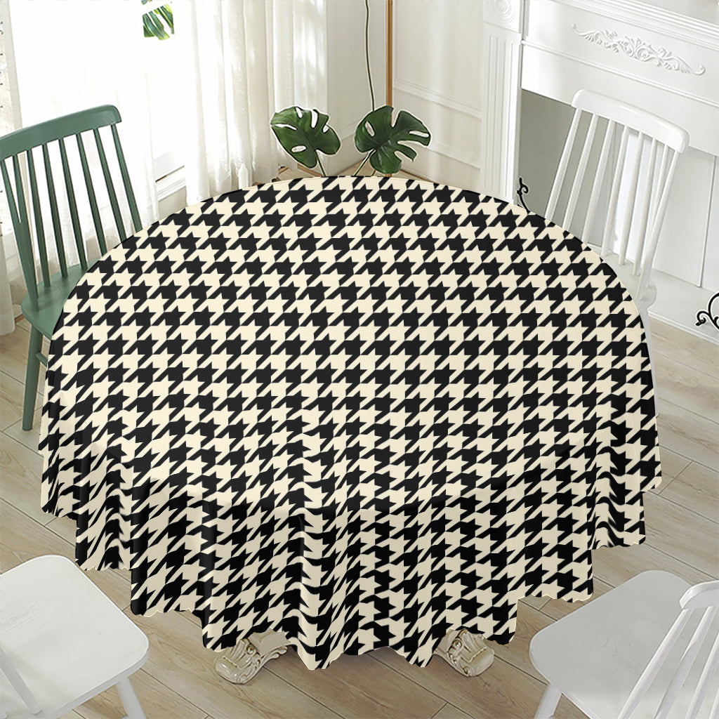 Tan And Black Houndstooth Pattern Print Waterproof Round Tablecloth