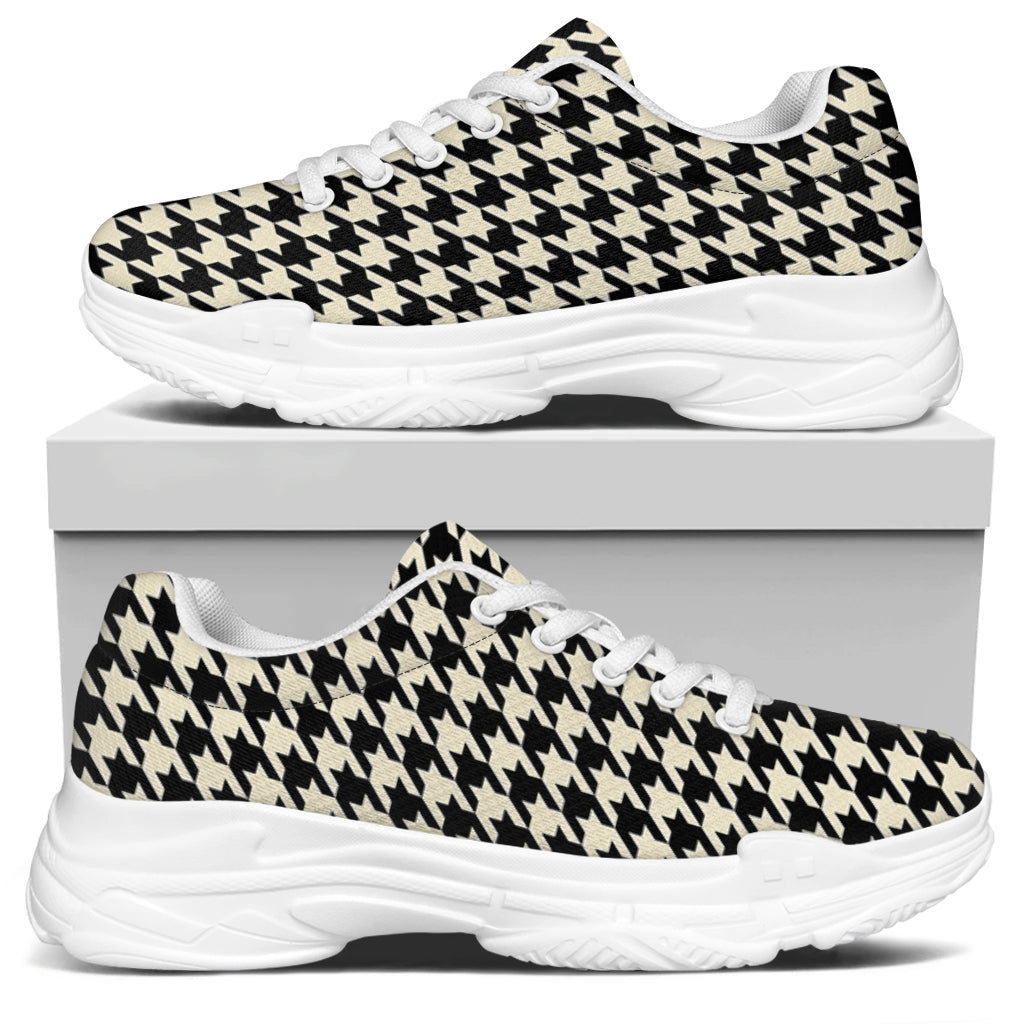 Tan And Black Houndstooth Pattern Print White Chunky Shoes