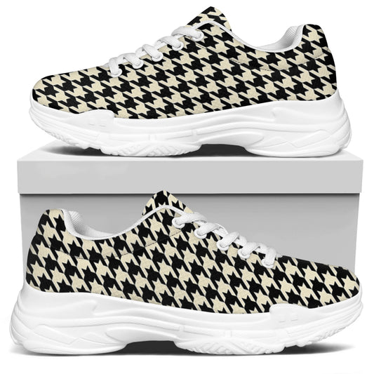 Tan And Black Houndstooth Pattern Print White Chunky Shoes
