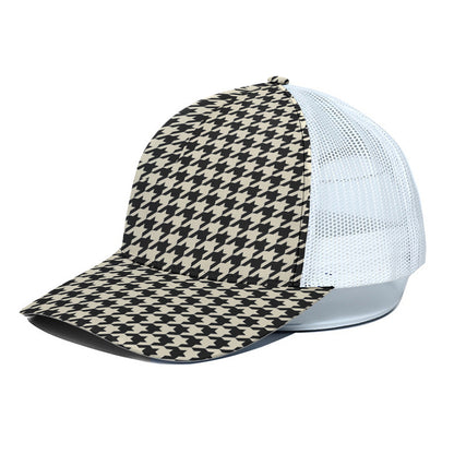 Tan And Black Houndstooth Pattern Print White Mesh Trucker Cap