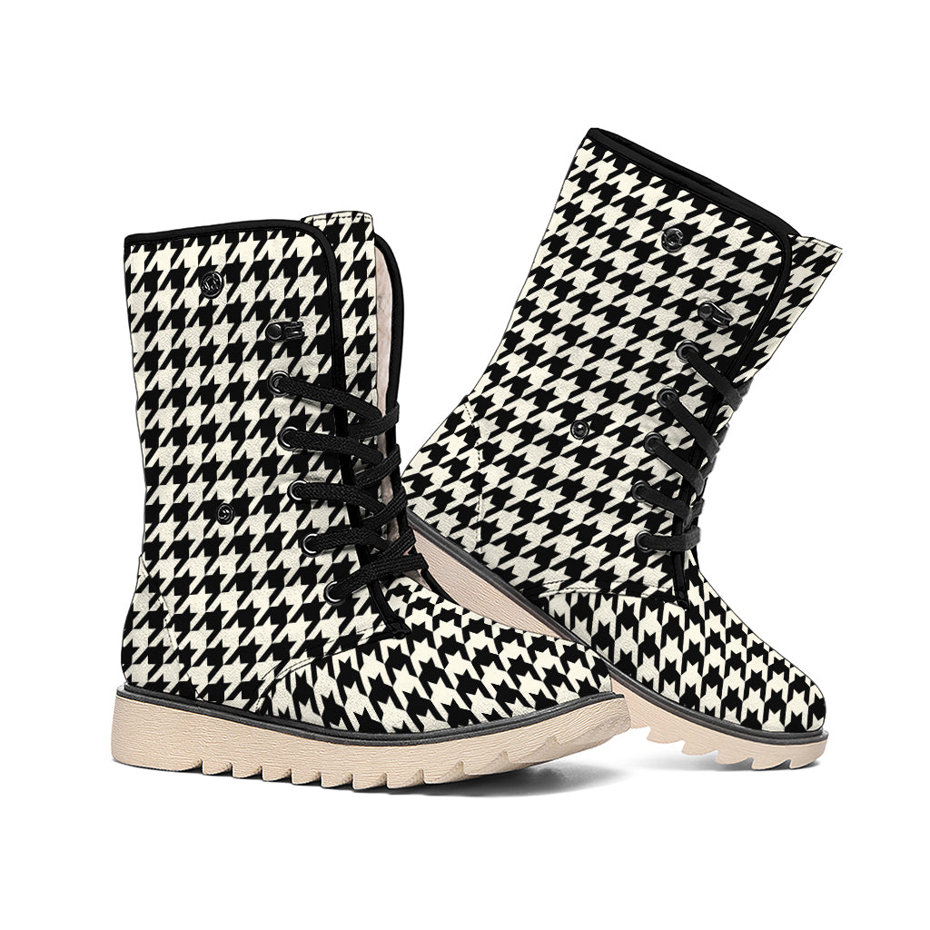 Tan And Black Houndstooth Pattern Print Winter Boots