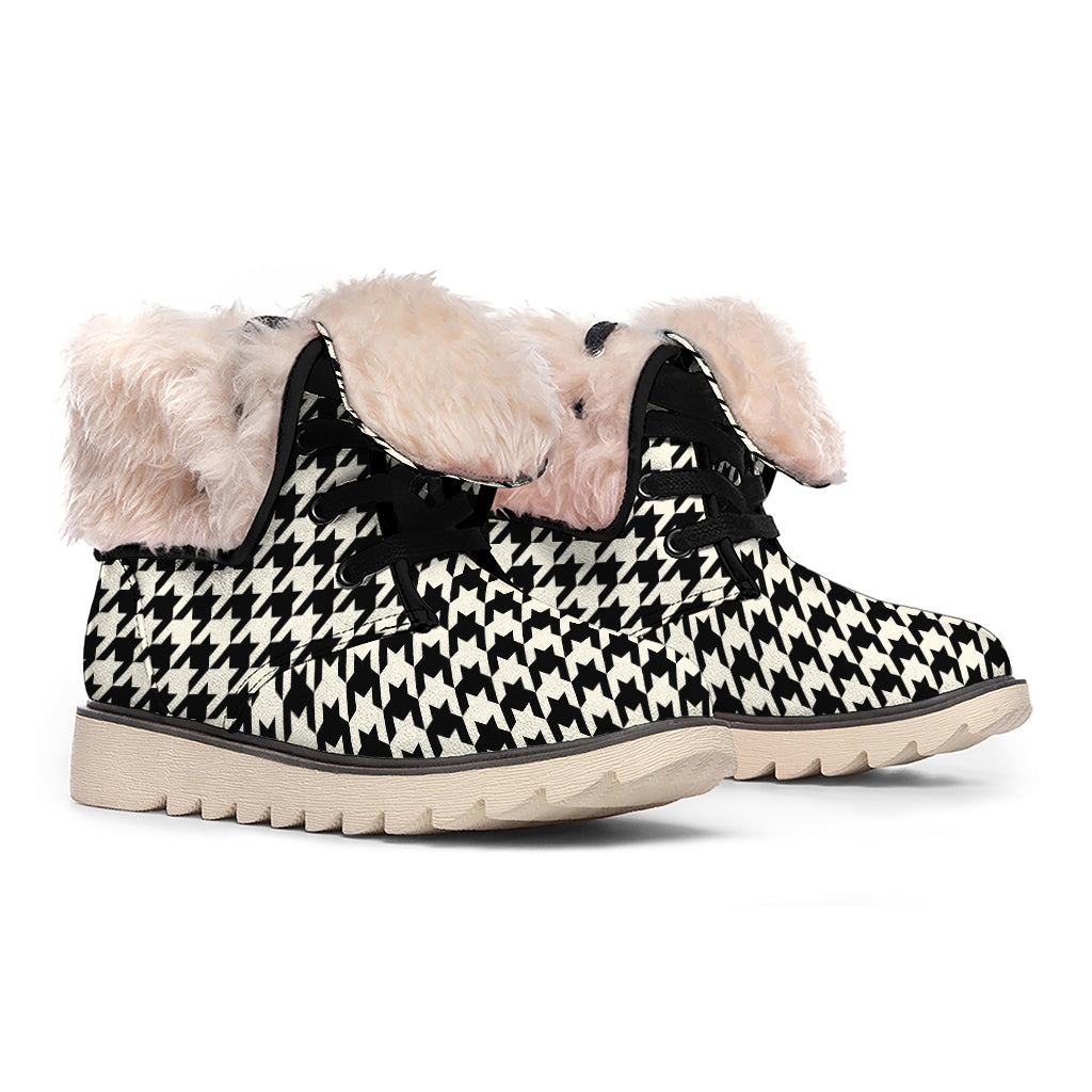 Tan And Black Houndstooth Pattern Print Winter Boots
