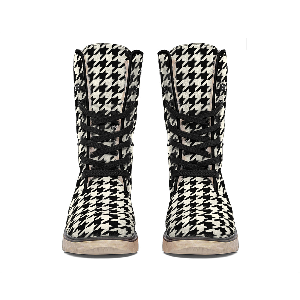 Tan And Black Houndstooth Pattern Print Winter Boots