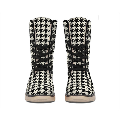 Tan And Black Houndstooth Pattern Print Winter Boots