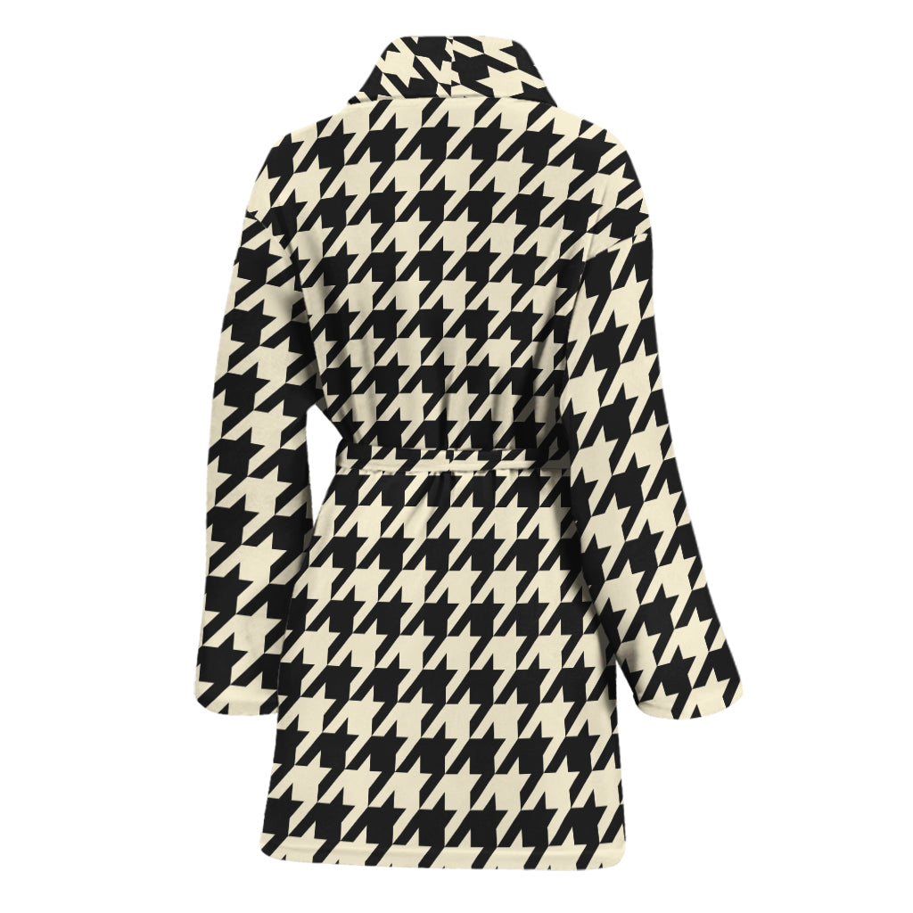 Tan And Black Houndstooth Pattern Print Women's Bathrobe