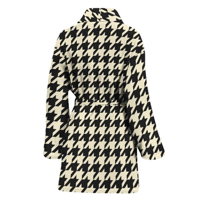 Tan And Black Houndstooth Pattern Print Women's Bathrobe