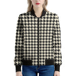 Tan And Black Houndstooth Pattern Print Women's Bomber Jacket