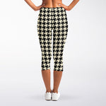 Tan And Black Houndstooth Pattern Print Women's Capri Leggings