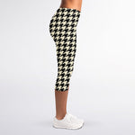 Tan And Black Houndstooth Pattern Print Women's Capri Leggings