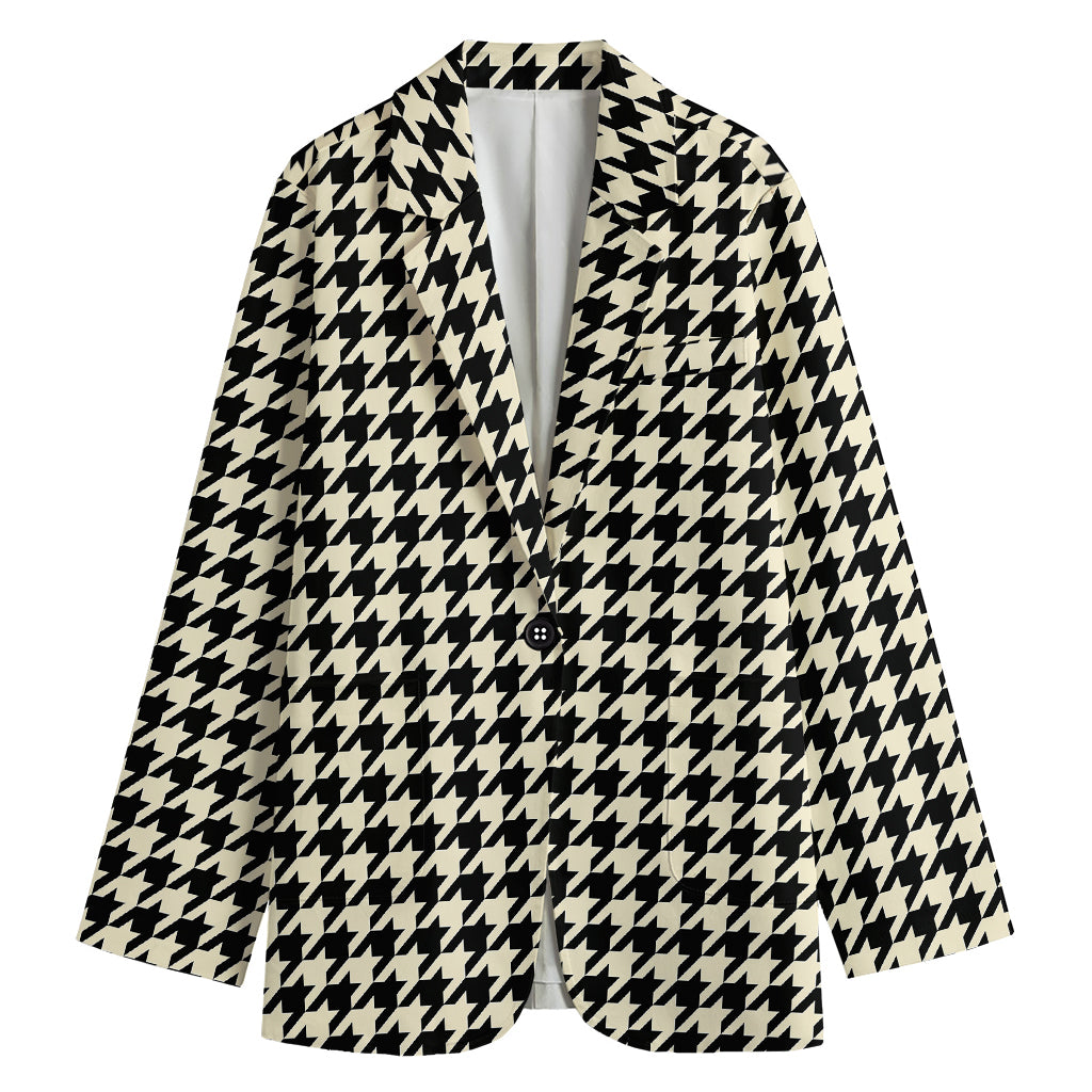 Tan And Black Houndstooth Pattern Print Women's Cotton Blazer
