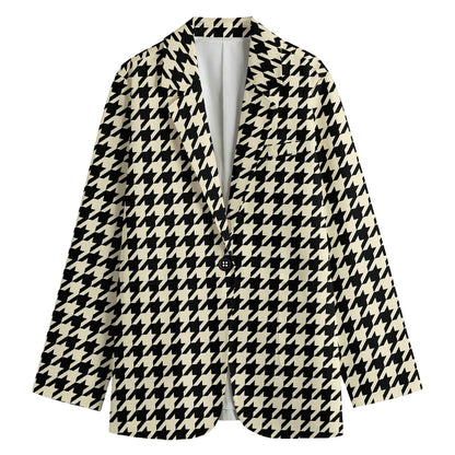 Tan And Black Houndstooth Pattern Print Women's Cotton Blazer